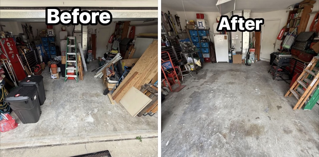 Before and after of a cluttered garage cleared out