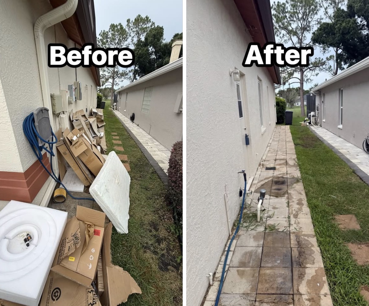 Before and after of a side yard cleared of boxes, foam, and a mattress